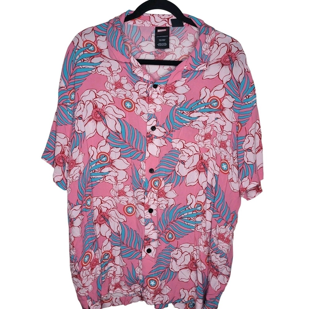 Marvel Captain America Shield Hawaiian Men's Shirt XL Pink Floral Superhero